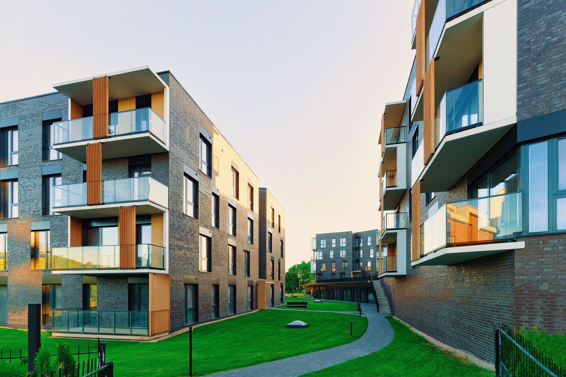 Modern residential apartment house complex with outdoor facilities concept. Modern residential apartment house complex with outdoor facilities concept.